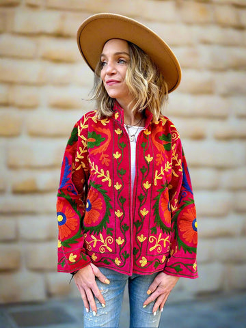 Pink and Red Two Tone Velvet Embroidered Jacket