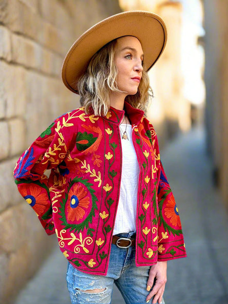 Pink and Red Two Tone Velvet Embroidered Jacket