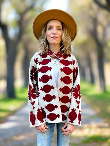 White with Burgundy Velvet Embroidered Jacket