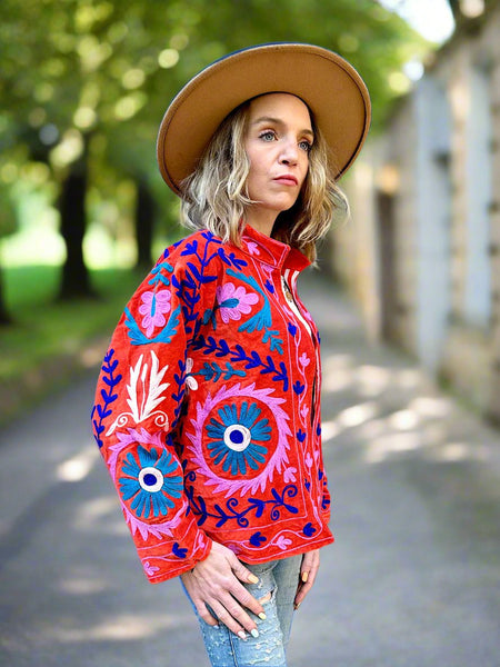 Bright Orange Velvet Embroidered Jacket