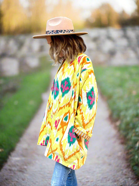 Bright Yellow Ikat Print Short Velvet Jacket