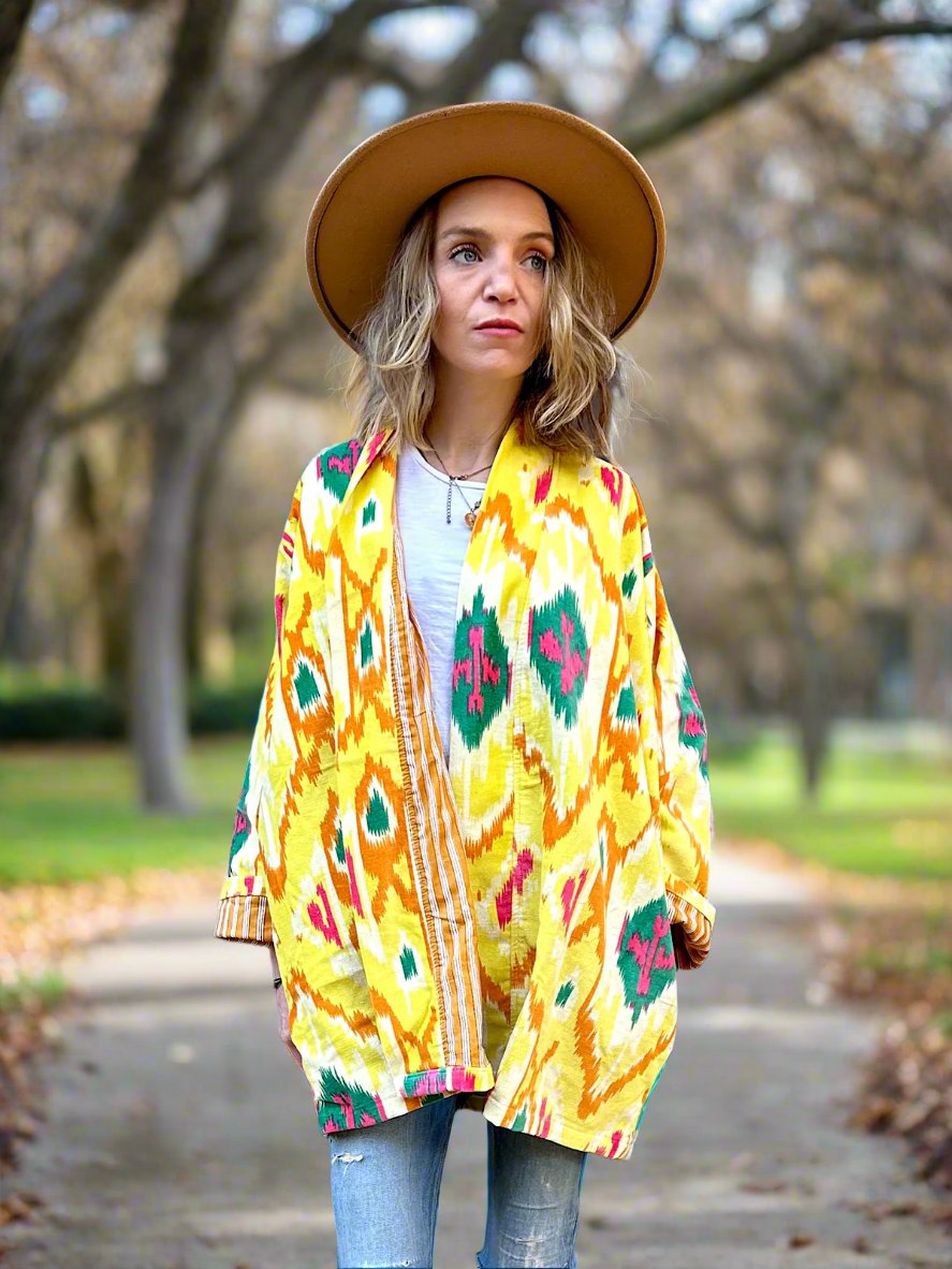 Bright Yellow Ikat Print Short Velvet Jacket