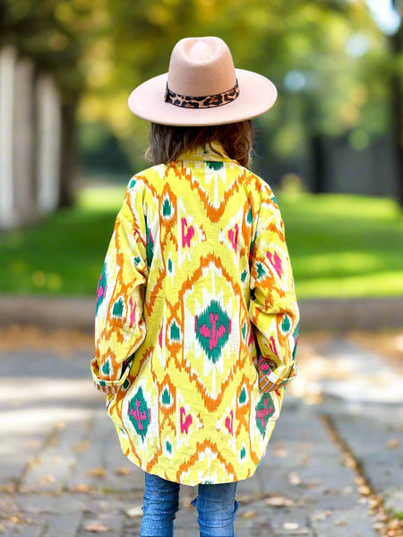 Bright Yellow Ikat Print Short Velvet Jacket