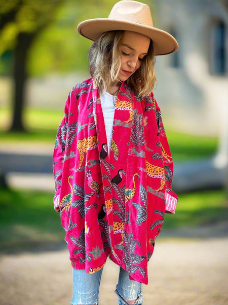 Bright Pink Animal Safari Print Short Velvet Jacket