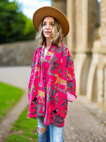 Bright Pink Animal Safari Print Short Velvet Jacket