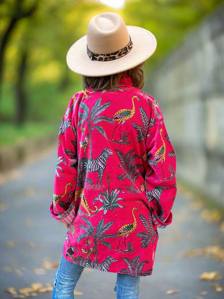 Bright Pink Animal Safari Print Short Velvet Jacket