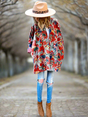 Burnt Orange Leaves Print Short Velvet Jacket