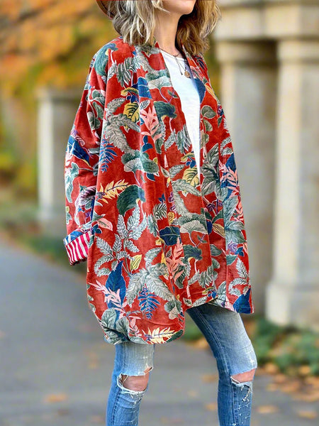 Burnt Orange Leaves Print Short Velvet Jacket