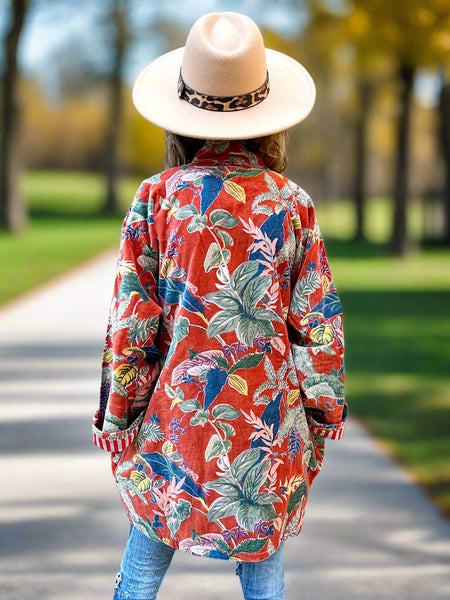 Burnt Orange Leaves Print Short Velvet Jacket