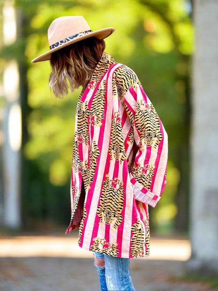 Pink and Peach Tiger Print Short Velvet Jacket