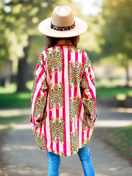 Pink and Peach Tiger Print Short Velvet Jacket