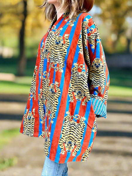 Blue and Red Tiger Print Short Velvet Jacket