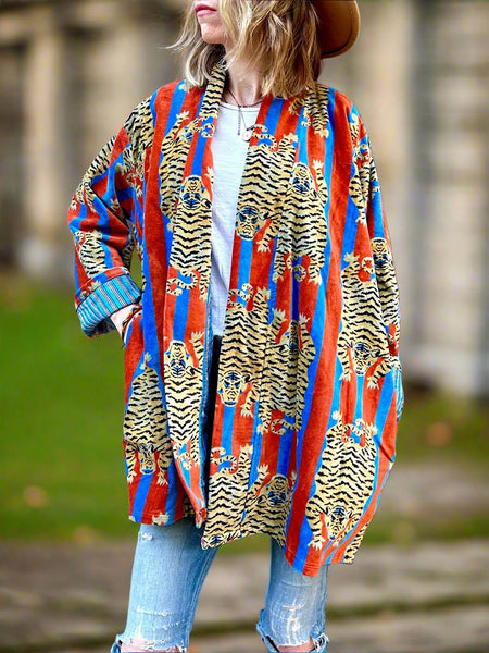 Blue and Red Tiger Print Short Velvet Jacket