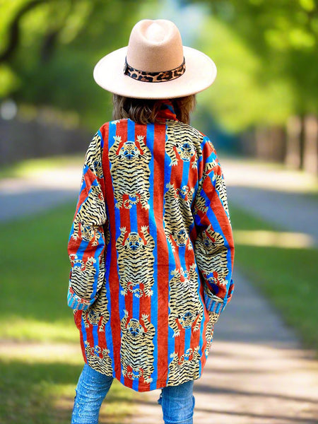 Blue and Red Tiger Print Short Velvet Jacket