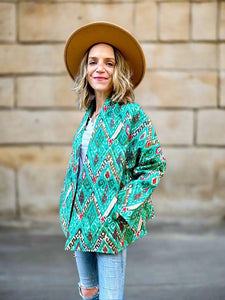 Green Aztec Print Cotton Wrap Reversible Jacket