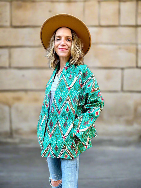 Green Aztec Print Cotton Wrap Reversible Jacket