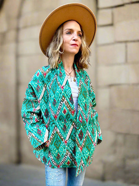 Green Aztec Print Cotton Wrap Reversible Jacket