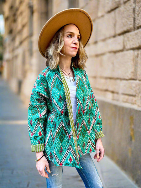 Green Aztec Print Cotton Wrap Reversible Jacket