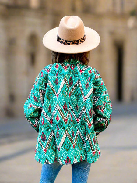 Green Aztec Print Cotton Wrap Reversible Jacket