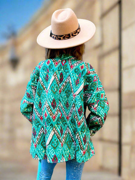 Green Aztec Print Cotton Wrap Reversible Jacket