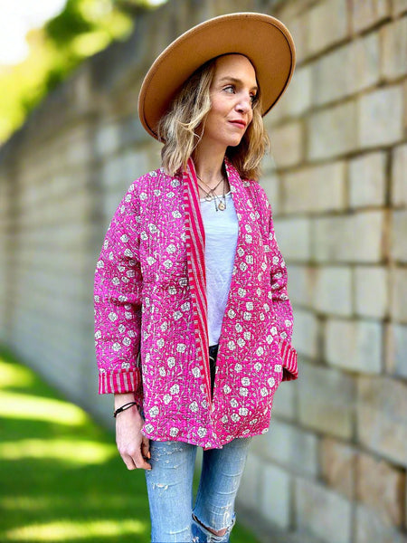 Pink Flowers Cotton Wrap Reversible Jacket