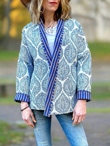 Blue and White Motif Cotton Wrap Reversible Jacket