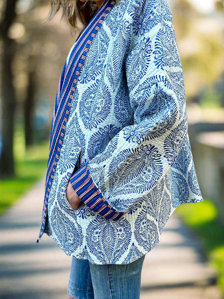 Blue and White Motif Cotton Wrap Reversible Jacket