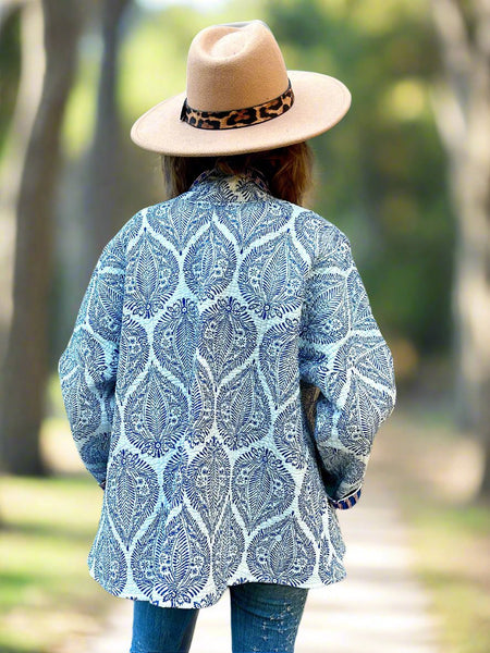 Blue and White Motif Cotton Wrap Reversible Jacket