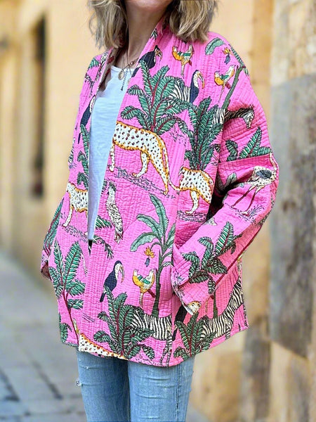 Pink Animal Safari Print Cotton Wrap Reversible Jacket