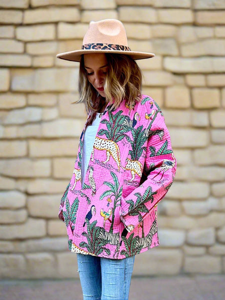 Pink Animal Safari Print Cotton Wrap Reversible Jacket