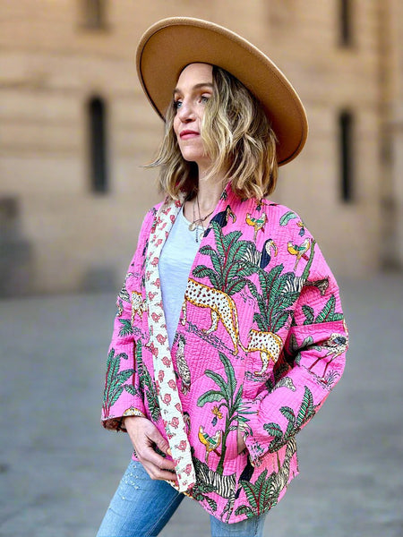 Pink Animal Safari Print Cotton Wrap Reversible Jacket