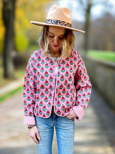 Pink Floral Motif Print Cotton Short Reversible Jacket