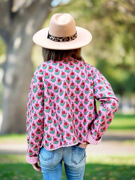 Pink Floral Motif Print Cotton Short Reversible Jacket