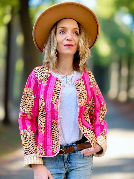 Pink Tiger Print Cotton Short Reversible Jacket