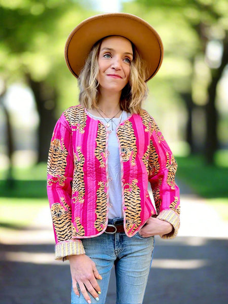 Pink Tiger Print Cotton Short Reversible Jacket