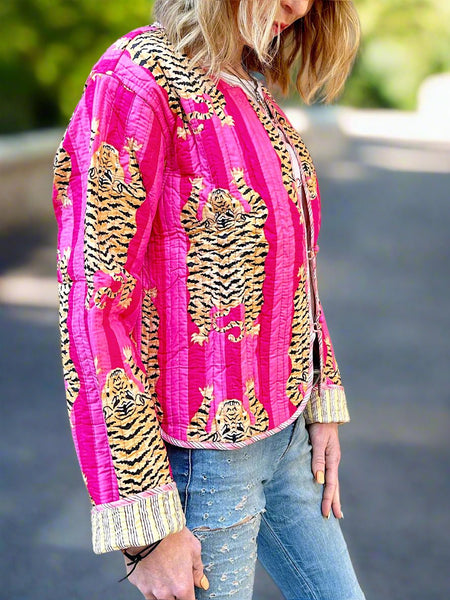 Pink Tiger Print Cotton Short Reversible Jacket