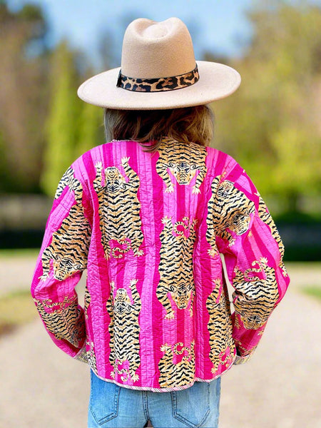 Pink Tiger Print Cotton Short Reversible Jacket