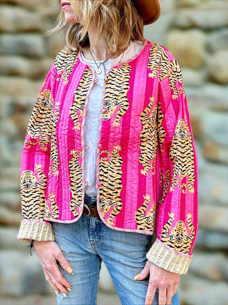 Pink Tiger Print Cotton Short Reversible Jacket