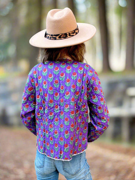 Purple Floral Motif Print Cotton Short Reversible Jacket