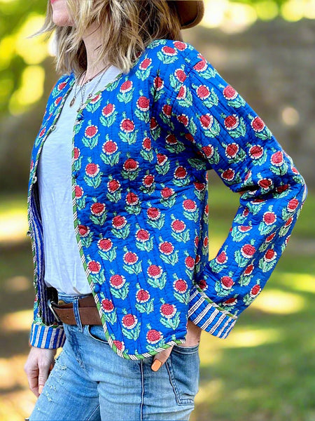 Blue Floral Motif Print Cotton Short Reversible Jacket