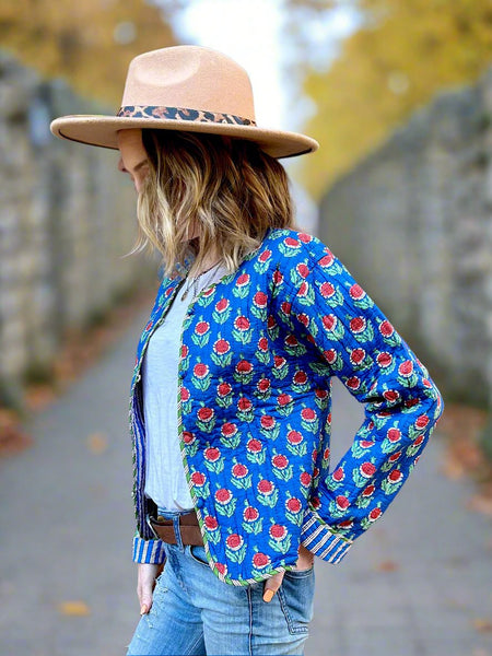 Blue Floral Motif Print Cotton Short Reversible Jacket