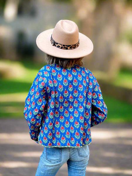 Blue Floral Motif Print Cotton Short Reversible Jacket