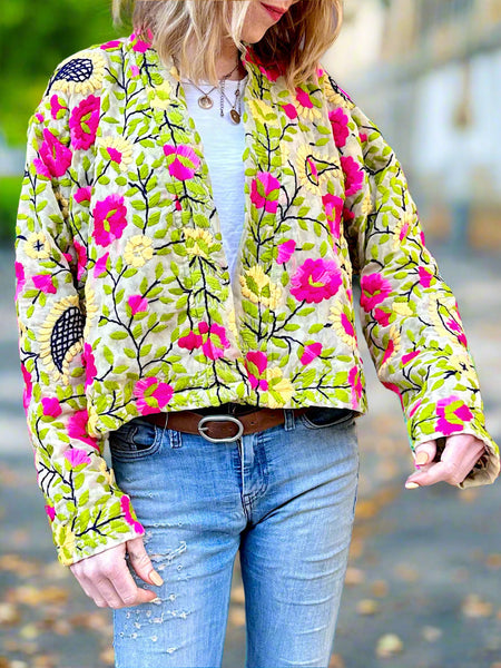 Pink Flowers and Yellow Paisley Crop Bohemian Jacket