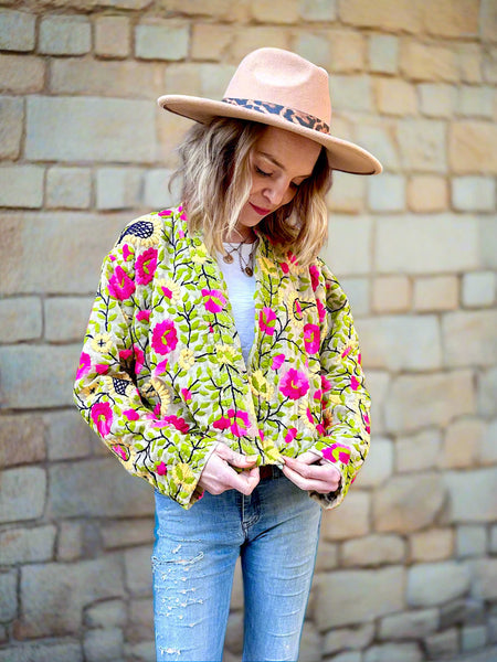 Pink Flowers and Yellow Paisley Crop Bohemian Jacket