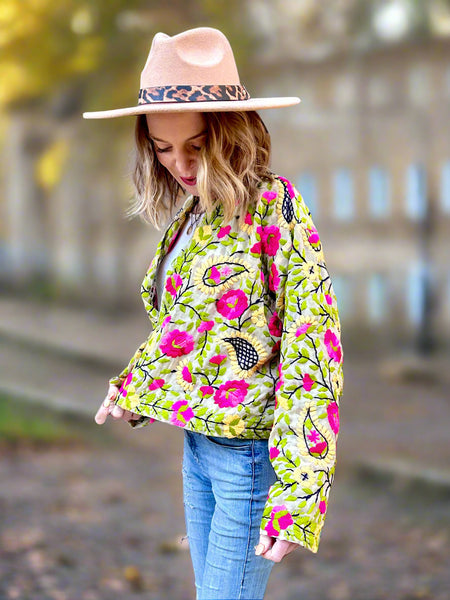 Pink Flowers and Yellow Paisley Crop Bohemian Jacket