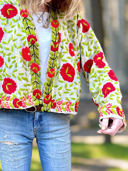 Off White with Red and Orange Flowers Crop Bohemian Jacket