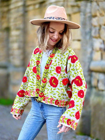 Off White with Red and Orange Flowers Crop Bohemian Jacket