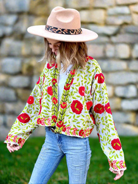 Off White with Red and Orange Flowers Crop Bohemian Jacket