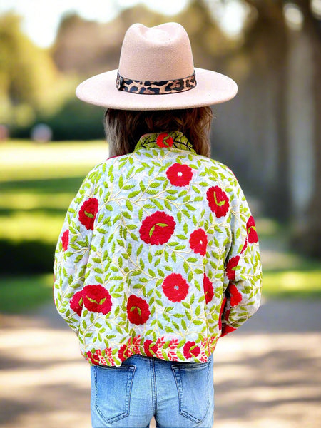 Off White with Red and Orange Flowers Crop Bohemian Jacket