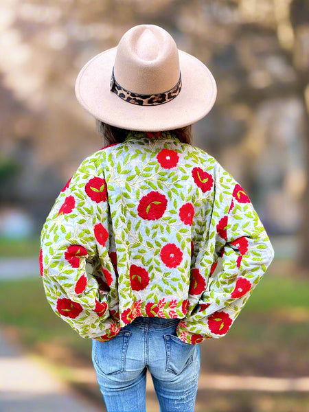 Off White with Red and Orange Flowers Crop Bohemian Jacket